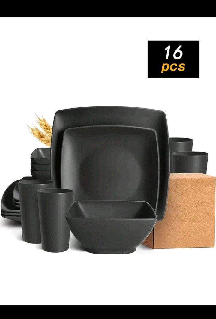 16 Piece Plastic Square Tableware Set