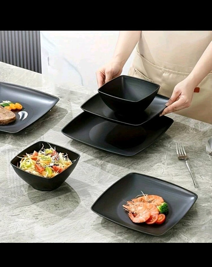 16pcs Set Plastic Black Dinnerware Set