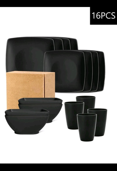16pcs Set Plastic Black Dinnerware Set