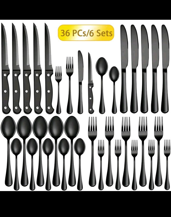 36-Piece Black Stainless Steel Cutlery Sets